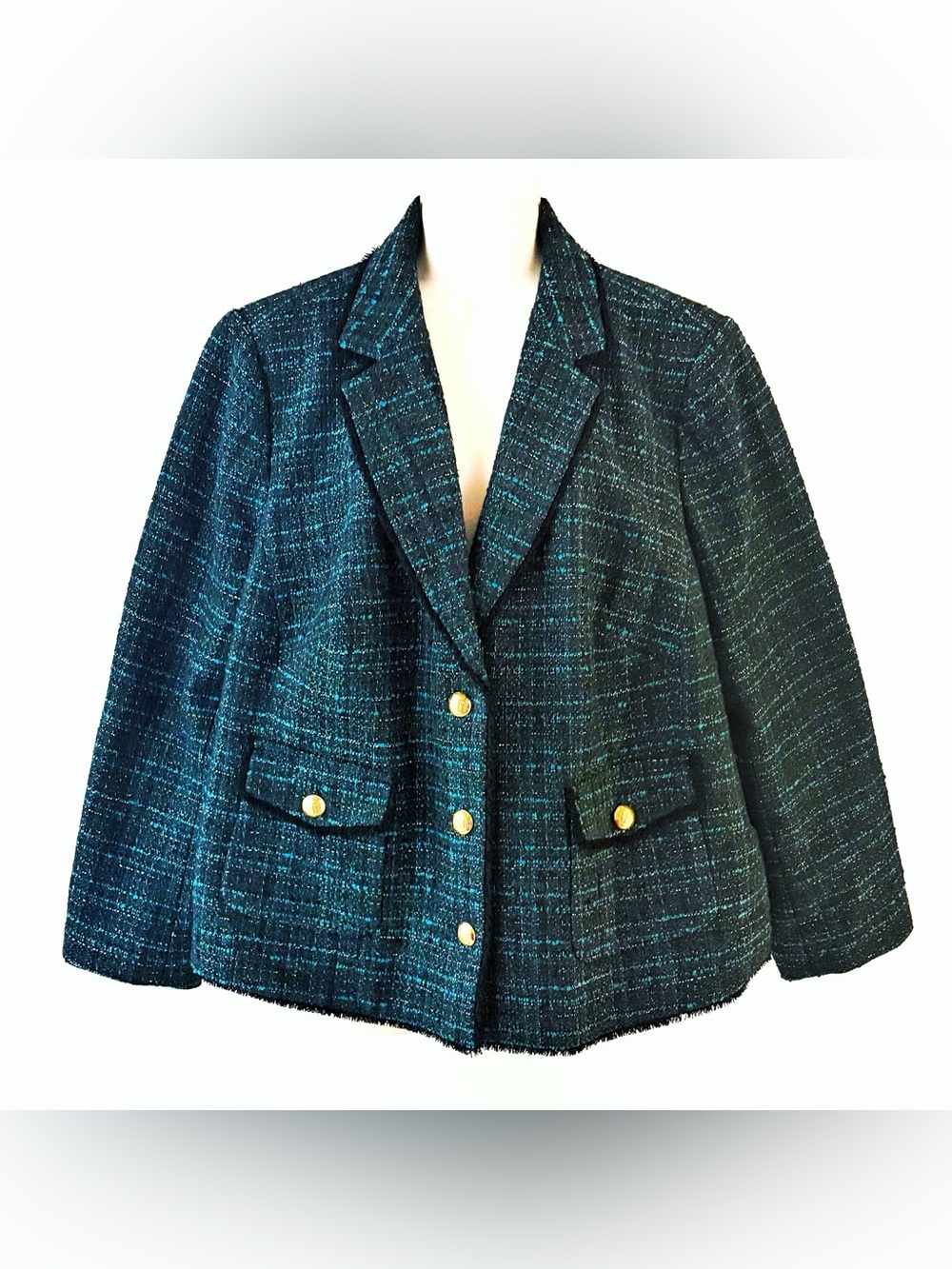 Talbots Teal Tweed Blazer with Gold Buttons